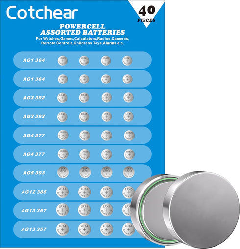 Cotchear 40pcs Alkaline Cell Batteries Assorted 1.5 Volt AG1/LR621 AG3/LR41 AG4/LR626 AG5/LR754 AG12/LR43 AG13/LR44 Coin Batteries Set 0% Mercury...