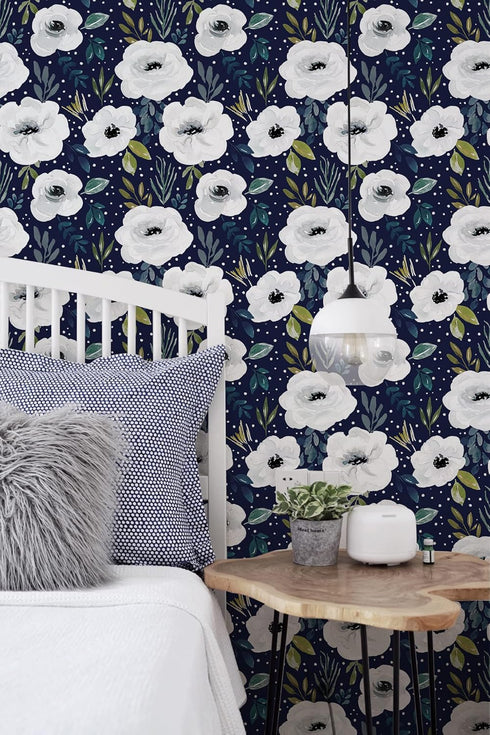 HAOKHOME 93245-3 Peel and Stick Floral Wallpaper Home Decor Removable Navy/White/Blue Vinyl Self Adhesive Mural 17.7in x 9.8ft...