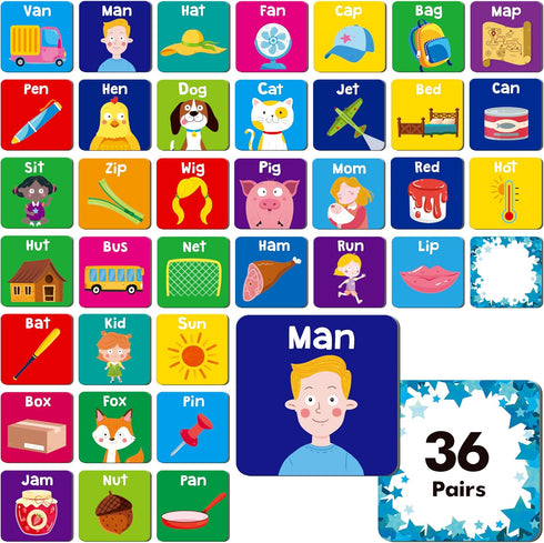CVC Word Matching Game, 72 PCS CVC Words Memory Matching Cards for Toddlers 36 Pairs Memory Cards Educational Toys for Preschool Boys & Girls 4 5 ...