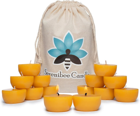 Serenibee Beeswax Tea Light Candles - 100% Pure Beeswax with One Reusable Glass Candle Holder and Reusable Cotton Bag Eco Friendly Gift Set(12)...