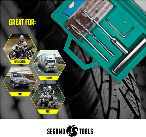 Segomo Tools 10 Piece Universal Flat Tire Puncture Repair Kit for Motorcycles, Cars, Jeep, Trucks, ATV | Motorcycle Tire Plug | Car Tire Repair Ki...