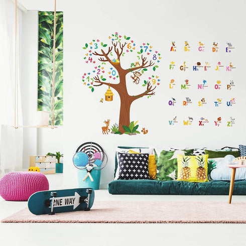 Zonon 3 Sheets Animal Alphabet and Numbers Tree Wall Decals Learning ABC Letters Birds Numbers Peel and Stick Wall Decals Home Bedroom Playroom Nu...