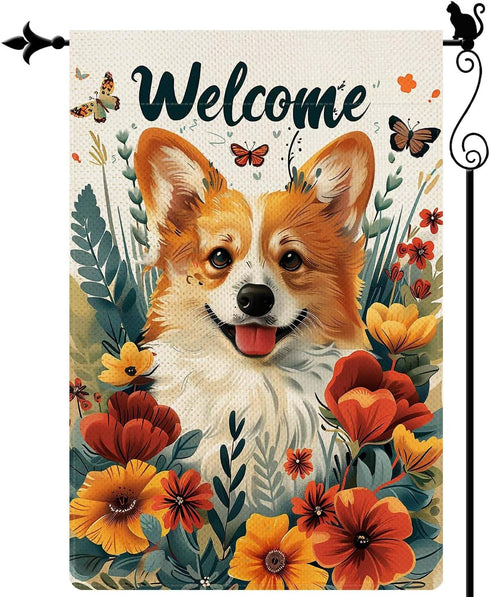 Welcome Cute Happy Corgi Amidst Flowers with Butterflies Illustrative Style Spring Summer Garden Flag Vertical Double Sided Garden Flag Seasonal R...