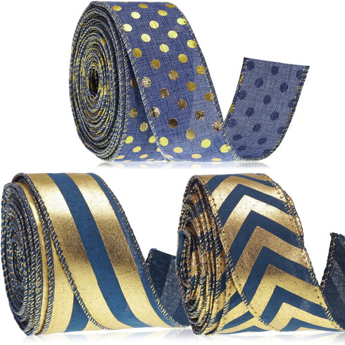 1.5 Inch Wedding Ribbon Wired Burlap Stripes Ribbon for Wreath Stripes Dots for Christmas Anniversary Bachelor Party Decor Craft, 3 Rolls (Blue an...