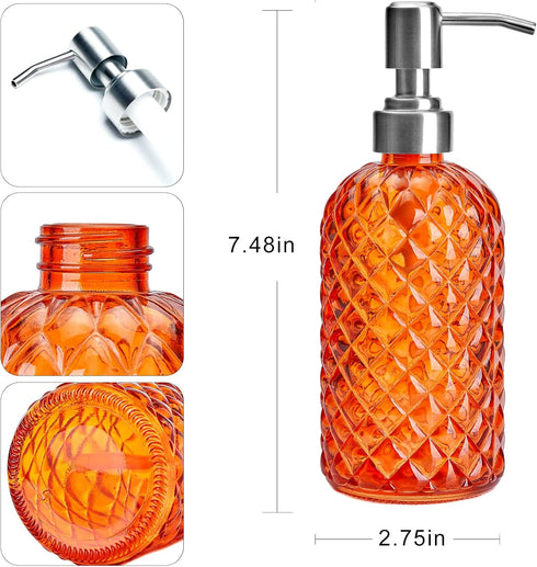 12 oz Diamond Stripe Glass Soap Dispenser, 304 Rust Proof Glass Soap Dispenser, Orange Glass Bottle Soap Dispenser with Pump; Restroom Soap Dispen...