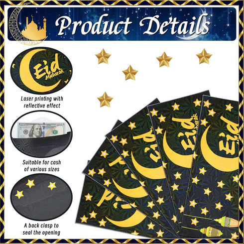 18 Pieces Eid Mubarak Money Envelopes, 7 x 3.1 Inch Cash Gift Card Holders Ramadan Pocket Envelope for Money for Kids, Eid Holiday Celebrations De...