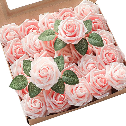 Floroom Artificial Flowers 25pcs Real Looking Shimmer Blush and Peach Foam Fake Roses with Stems for DIY Wedding Bouquets Bridal Shower Centerpiec...