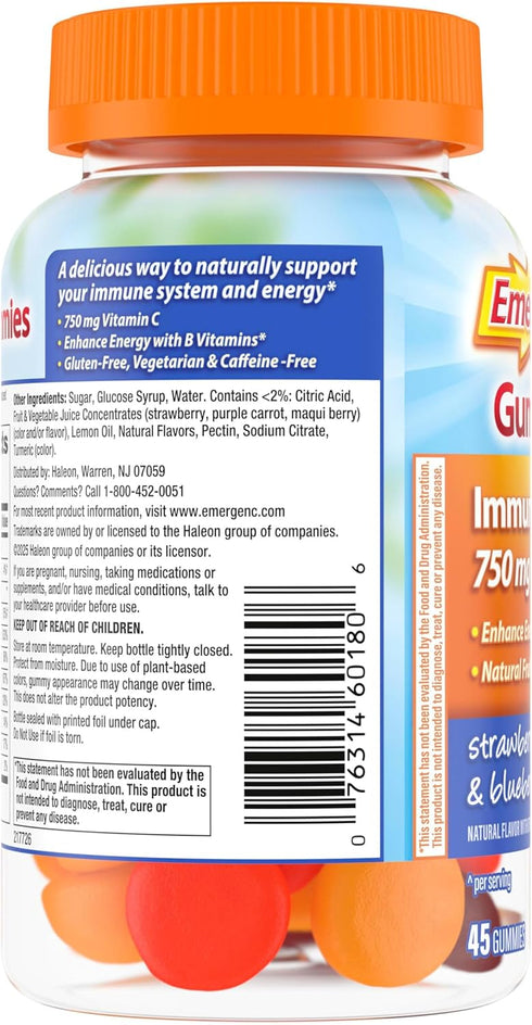 Emergen-C 750mg Vitamin C Gummies for Adults, Immune Support Gummies, Gluten Free, Strawberry, Lemon and Blueberry Flavors - 45 Count...