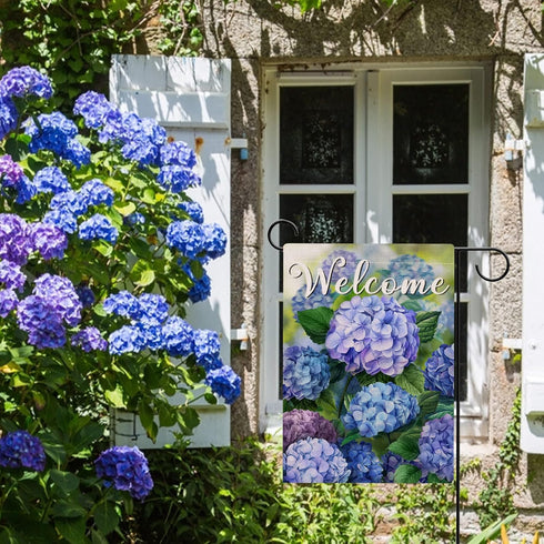 Welcome Spring Floral Flowers Garden Flag Double Sided, Hydrangea Decorative Yard Outdoor Home Small Decor, Summer Farmhouse Burlap Outside House ...
