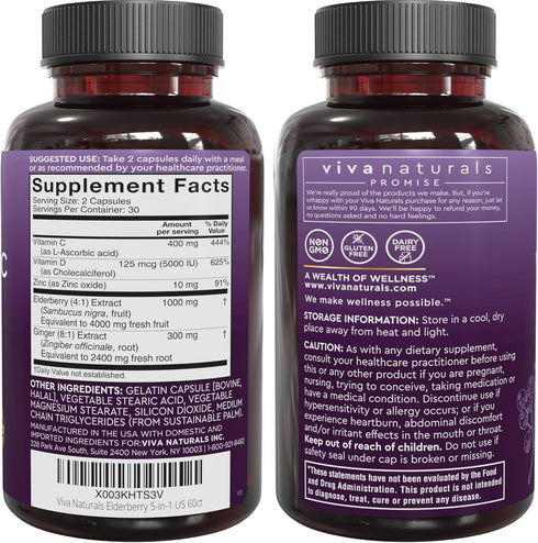 Viva Naturals Sambucus Elderberry with Zinc and Vitamin C for Adults, Vitamin D 5000 IU and Ginger - Immune Support Supplement, 60 Count - Black D...