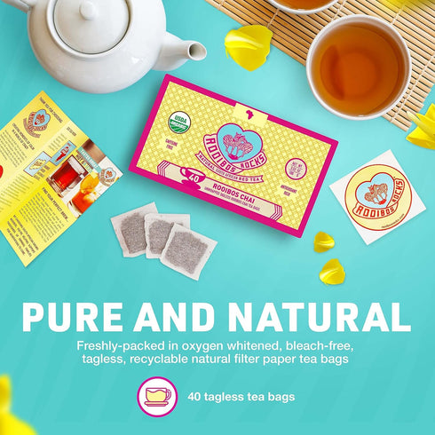 Caffeine Free Chai Rooibos 40 Tea Bags – Ethically Farmed, USDA Organic Chai Tea Bags - South African Red Bush Caffeine Free Chai Tea in Tagless T...