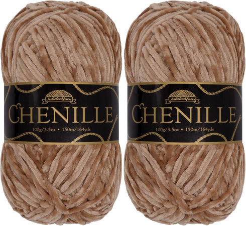 JubileeYarn Chenille Yarn - 100g/Skein Worsted Weight - Cannoli - Pale Brown Grey Velvet - 2 Skeins...