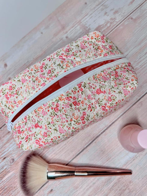 Quilted Floral Makeup Bag, White/pink floral pattern....