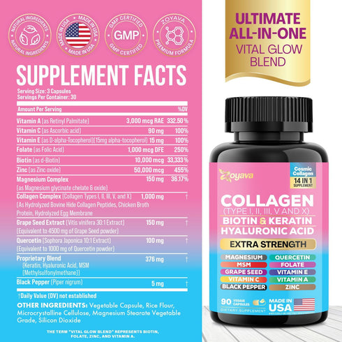 Zoyava Collagen Pills Peptides Types I, II, III, V & X MCG Biotin Keratin Hyaluronic Acid MSM Vitamin A Vitamin C Vitamin E Folic Acid Zinc Magnes...