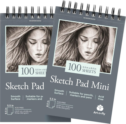 Art-N-Fly Sketchpad for Travel and Portable Sketch Work - Two Pack Spiral Bound 200 Sheets Total - Pad 70lb/100g for Drawing (5.5x8.5")...