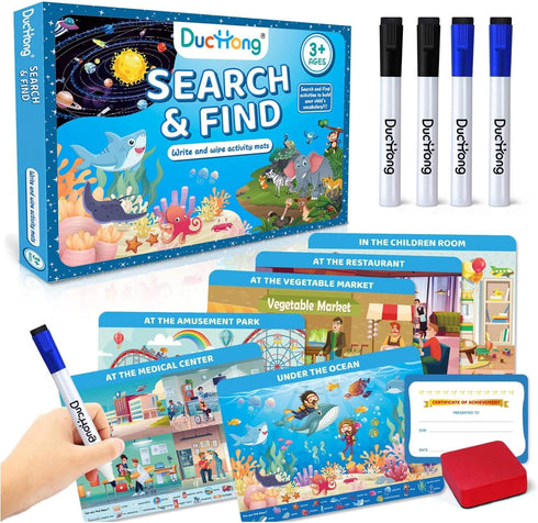 Search and Find Card for Kids Ages 4-6,3-8, Reusable Activity Mats with 4 Dry Erase Markers, Preschool Learning Activity, Educational Toys Gifts f...