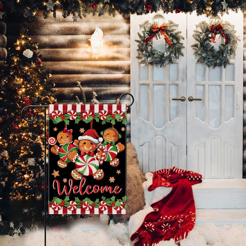 Welcome Christmas Gingerbread Man Small Decorative Garden Flag, Xmas Peppermint Candy Holly Red Berries Yard Lawn Outside Decor, Winter Holiday Fa...