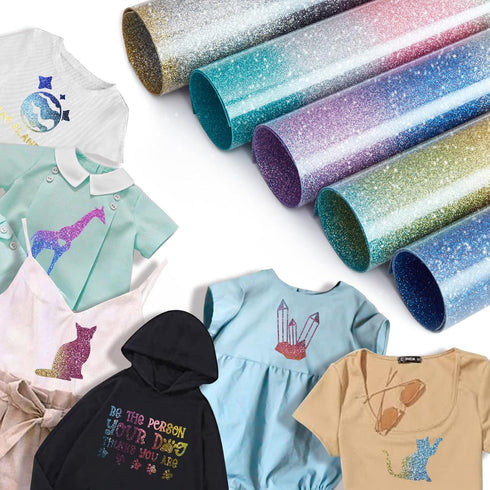 Tintnut Gradient Glitter Heat Transfer Vinyl-5 Sheet 12x10 inch Rainbow Ombre Glitter Iron on Vinyl Heat Transfer Vinyl DIY T-Shirts, Hats, Clothi...
