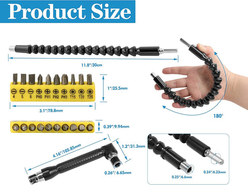 90 Degree Right Angle Driver, 11.6 Inch Bendable & Flexible Screwdriver Extension Soft Shaft and 10pcs Screwdriver Bit Set, Power Screwdriver Dril...