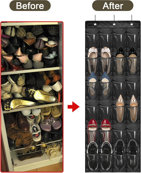 Over The Door Shoe Organizer - Space Saving Shoe Rack for Closet Door with 24 Pockets and Hook, Shoe Holder Back of Door Organizers for Shoes, Han...