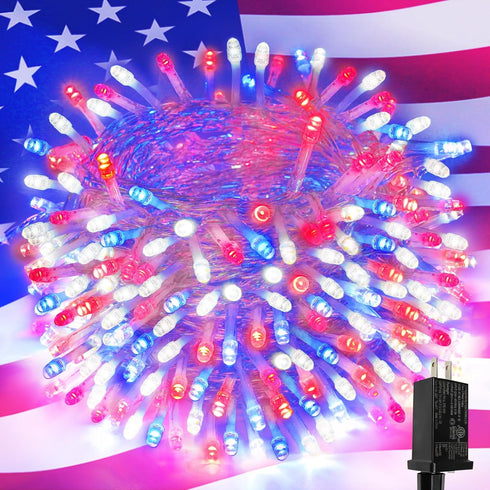SANJICHA Red White and Blue Lights, 100 LED 33FT 4th of July Decorations Lights, 8 Modes Clear Wire Waterproof Patriotic Light for Independence Da...
