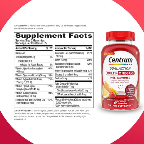 Centrum MultiGummies Multi+ Omega 3 Dual Action, Adult Multivitamin, Multivitamin/Multimineral/Omega 3 Supplement, Strawberry/Lemon/Orange Flavors...