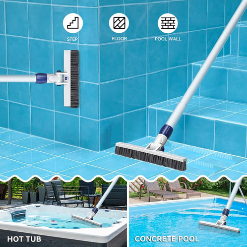 Pool Brush Head with Adjustable 180° Handle Rotation, 12" ASA Material Pool Brush for Cleaning Pool Walls, Tiles & Floors, Pool Scrub Brush with P...