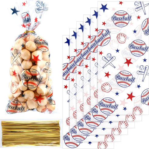 Chuangdi 100 Pack Cello Baseball Party Snack Bags Cellophane Baseball Treat Bags For Team Snacks Sports Goodie Pouches Birthday Party Supplies Fav...