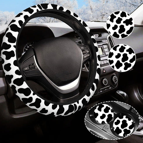 Black and White Cow Print Steering Wheel Cover Anti-Slip and Practical 14.5-15 Inch Universal Car Steering Wheel Cover with 2 Pieces Car Coasters ...