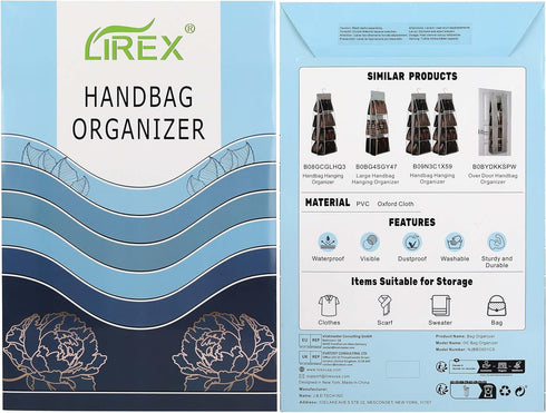 Lirex Handbag Hanging Purse Organizer for Closet, 8 Pocket Handbag Storage Organizer Hanger Oxford Cloth Closet Organizer for Family Closet Bedroo...