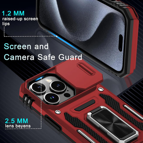 DEERLAMN for iPhone 15 Pro Max Case with Slide Camera Cover+Screen Protector(1 Pack), Rotated Ring Kickstand Military Grade Shockproof Protective ...