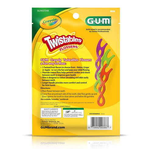 GUM Crayola Twistables Kids Flossers with Fluoride - Designed for Little Hands - Three Fun Fruit Flavors - Easy to Use Kids Floss Picks for Childr...