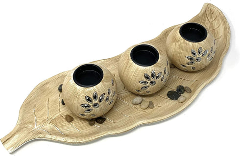 allgala Wooden Candle Holder Tray 3 Ball Orbs Set Tealight Candle Holder Centerpiece with Pebbles on Leaf Tray for Coffee Table Dining Table Accen...