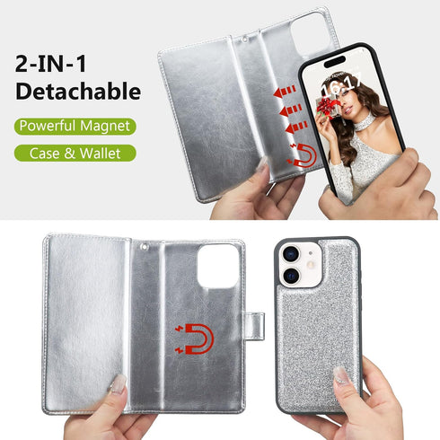 Varikke for iPhone 11 Wallet Case Detachable with Card Holder for Women Girls, Fashion Glitter PU Leather Wrist Strap Strong Magnetic Flip Wallet ...