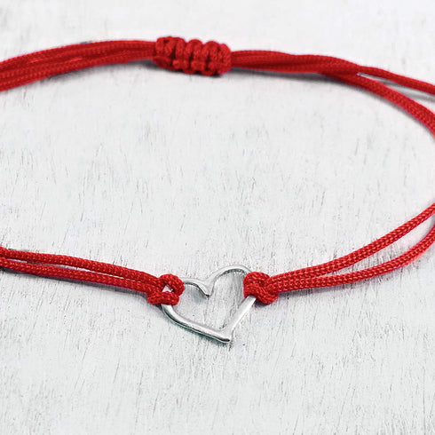 Red Womens Friendship Bracelet, Small Handmade Sterling Silver 925 Open Heart Shaped Charm, Pull Adjustable Kindred Cord Thread. Handmade Heart Gi...