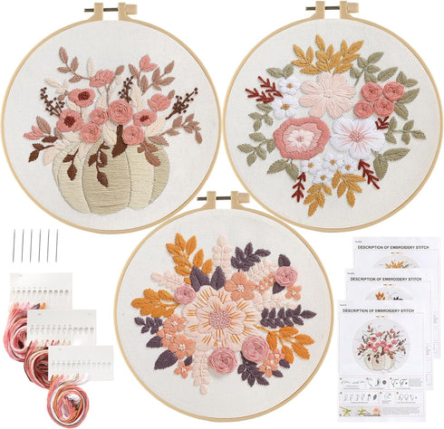 Sivilife Embroidery Kit for Beginners, 3 Sets Stamped Cross Stitch Kits for Beginner, Floral Pattern Embroidery Starter Kits for Adults with Embro...