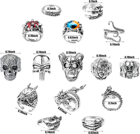 PANTIDE 16Pcs Vintage Silver Punk Rings Set for Men Women, Gothic Alloy Biker Adjustable Rings, Halloween Skeleton Skull Evil Eye Dragon Claw Octo...