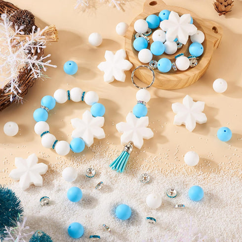 Cheriswelry DIY Winter Theme Jewelry Making Kits with 30pcs 15mm Round Silicone Focal Beads & 5pcs Snowflake Silicone Beads & 30pcs 10mm Glass Rhi...