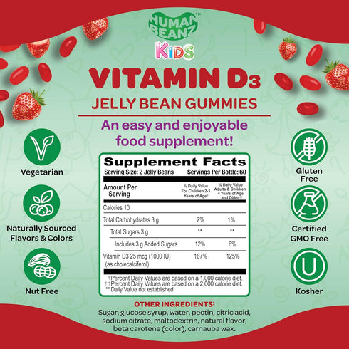 Vitamin D3 Jelly Bean Gummies for Kids, 25mcg/1000 IU Vitamin D, Nutritional Vegetarian Supplements, 120 Strawberry Blast Jelly Beans, Kosher...