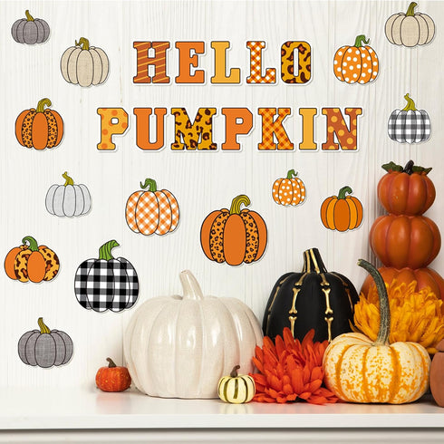 Whaline 92Pcs Hello Pumpkin Bulletin Board Kit Plaid Leopard Fall Pumpkin Decoration Border Cutout with Glue Points for Fall Harvest Thanksgiving ...
