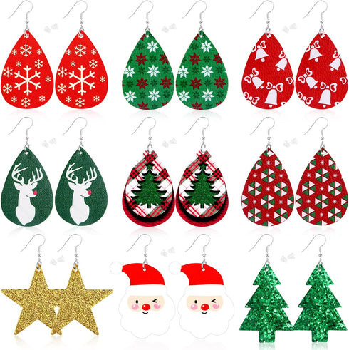 AUGSUN Christmas Earrings for Women, 9 Pairs Christmas Faux Leather Earrings Lightweight Leaf Long Dangle Earrings Teardrop Earrings for Christmas...