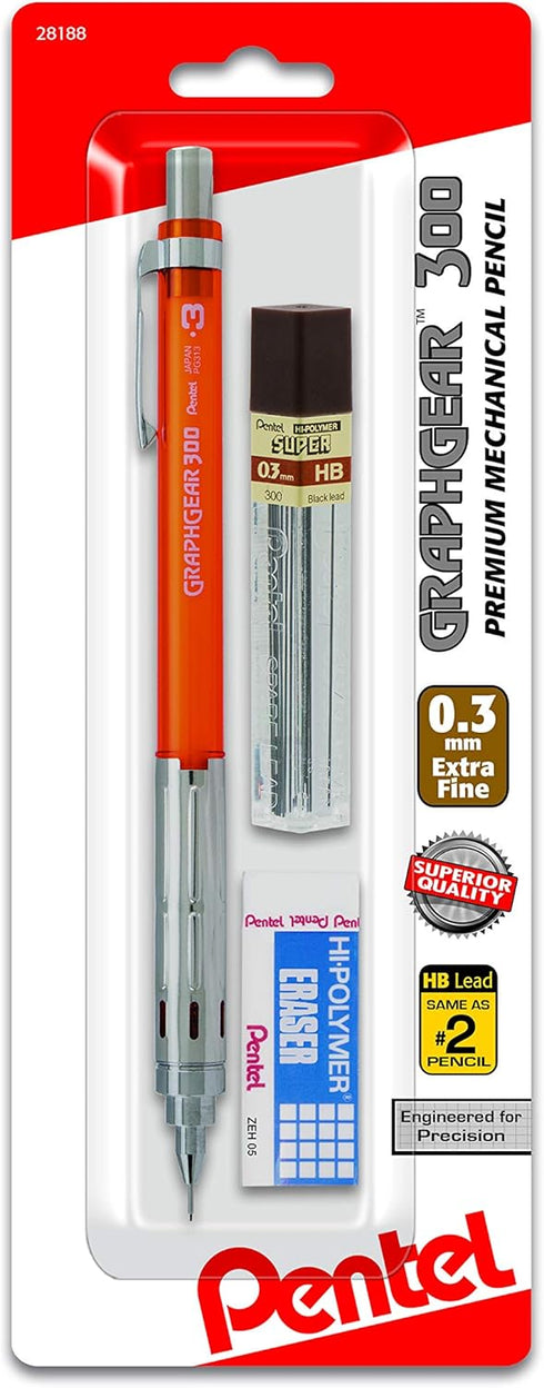 Pentel Arts GraphGear 300 Mechanical Pencil, (0.3mm) Extra-fine line, Orange Barrel, w/small block eraser + 1 lead tube...