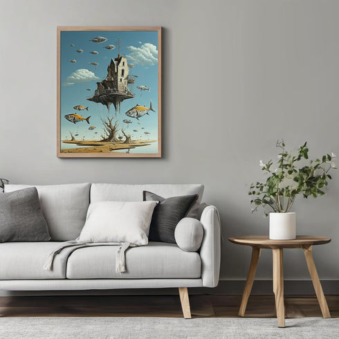 Posterizer 1 pcs-sci-fi flying fish and floating hunted house-Abstract & Modern Art-Fantasy & Fiction Art-Gift for Art Lovers-Decor for Home & Off...