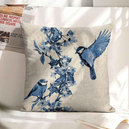 Chinoiserie Pillow Cover Blue Cherry Blossom and Birds Cotton Linen Decorative Throw Pillow Case Cushion Cover for Bedroom Sofa Living Room Couch ...