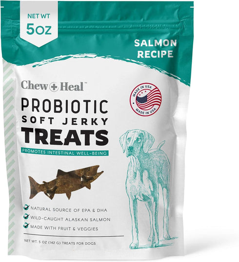 Chew + Heal Labs Probiotic Salmon Jerky Dog Treats - 5 oz of Salmon Jerky for Digestive Health - Made with Wild Alaskan Salmon, Apples, Pumpkin, P...