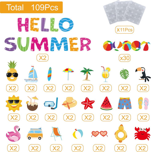 109Pcs Summer Cutouts Summer Bulletin Board Decorations Set Pool Beach Hawaiian Theme Cut Outs Ball Bulletin Board Border Summer Decorations for O...