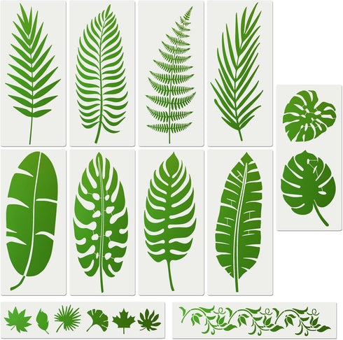 11Pieces Large Leaf Stencil 14” x 5.85”, Palm Fern Leaf Stencils for Painting on Walls Nature Tropical Plant Leaves Paint Stencils for Furniture C...