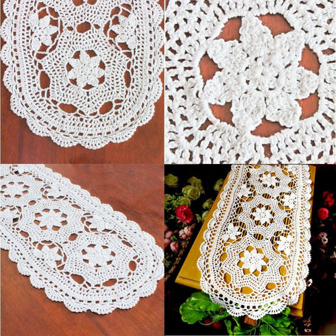 KEPSWET Cotton Floral Oval Handmade Crochet Lace Table Runner White (12x48 inch)...