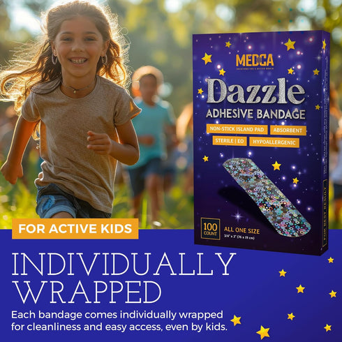 Glitter Bandages for Kids -(100 Count Box) Adhesive Bandage Strips w/Colorful Glitter Design & Latex-Free Individually Wrapped Strips for First Ai...
