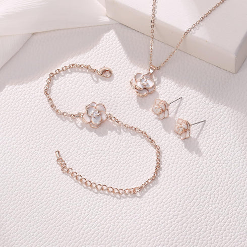 EleQueen Rose Flower Necklace Earrings Bracelet Set 14K White Rose Gold Plated Hypoallergenic Jewelry Sets Gift for Women Girls...